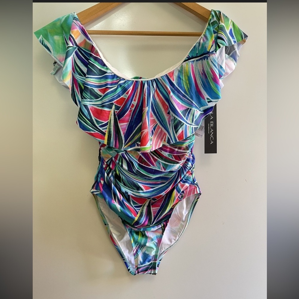 La Blanca Multicolor Ruffle Bandeau One-Piece Swimsuit in Blue, Pink & Green NWT